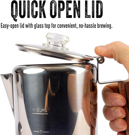 Ready Hour 9 Cup Stainless Steel Coffee Pot | Stovetop Percolator | Coffee Maker for Everyday Use, Camping Trips, and Off-Grid Preparedness