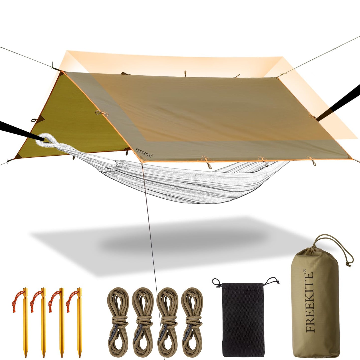 Camping Tarp Tent Portable Multifunctional Bushcraft Backpacking Tear-Resistant Fabric Rain Fly Tarps Awning Shelter Lightweight Waterproof Tarp(10×10 tarp)