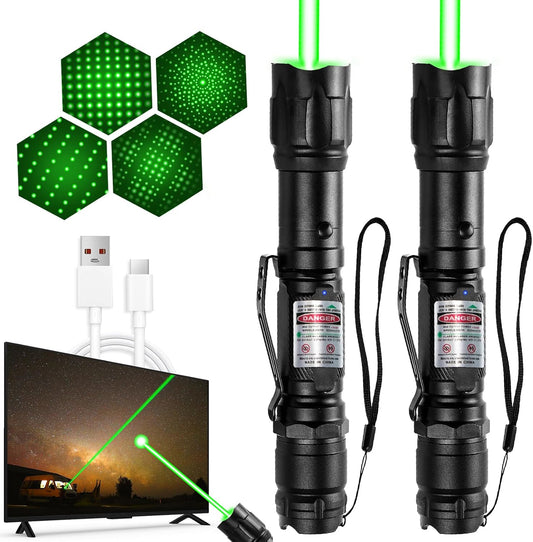 [2 Packs] Rechargeable Green Laser Pointer High Power Green Beam Light Long Distance Range For TV/LED/LCD Screens Tactical Flashlights Presentation Office/Outdoors/Astronomic/Construction [005]