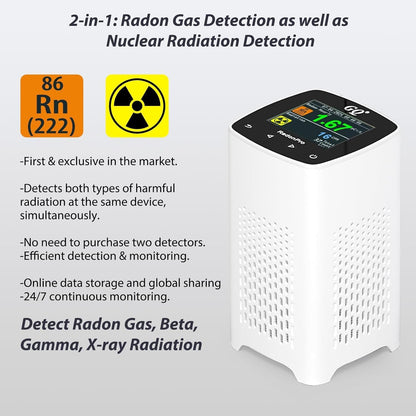 GQ Radon Pro 2-in-1 Radon and Nuclear Radiation Detector | Geiger Counter | Fast, Accurate Detection | Simple Color Display | USA Product | Real-time Data App | Data Sharing