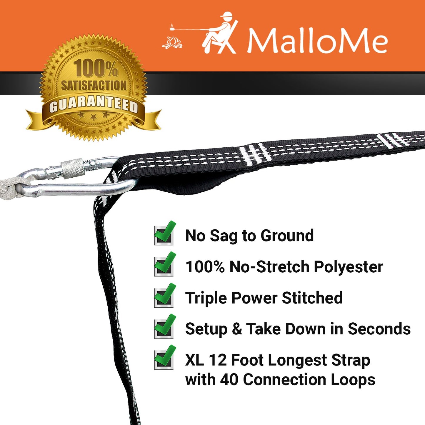 MalloMe XL Hammock Straps for Trees - Hammock Tree Straps Set 2000+ LBS Heavy Duty 40 Loops & 100% No Stretch Suspension System Kit - Camping Hammocks Accessories | 2 Carabiners | 12 Feet Black