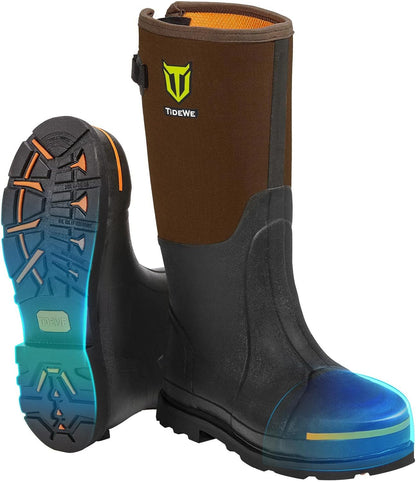 TIDEWE Rubber Work Boot for Men with Steel Toe & Shank, Waterproof Anti Slip Hunting Boot, 6mm Neoprene Hunting Boot for Manufacturing, Construction, Farming, Black,Brown, Size 7-13