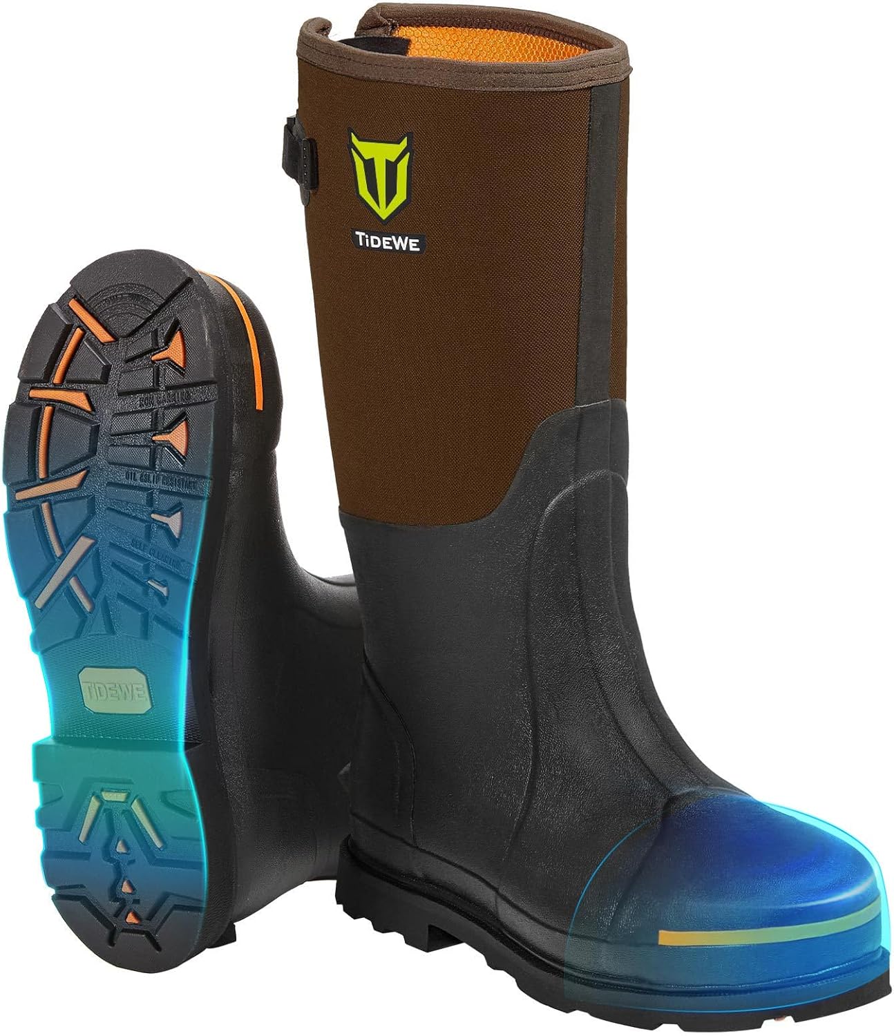 TIDEWE Rubber Work Boot for Men with Steel Toe & Shank, Waterproof Anti Slip Hunting Boot, 6mm Neoprene Hunting Boot for Manufacturing, Construction, Farming, Black,Brown, Size 7-13