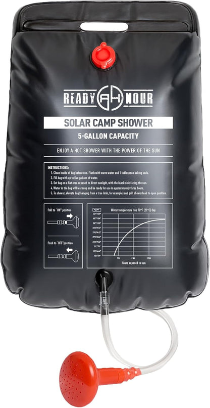 Ready Hour 5 Gallon Camp Shower, Portable Solar Shower Bag for Camping, Off Grid, Emergency Use Gravity Fed 104°F Heating Survival Hygiene for Outdoors and Disaster Preparedness