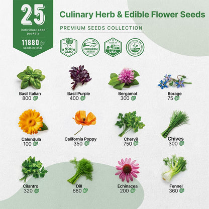 25 Most Popular Herb Seeds Variety Pack - 11,700 Non-GMO Heirloom Seeds for Planting Herbs in Individual Seed Packets for Hydroponic, Indoor & Outdoor Gardening
