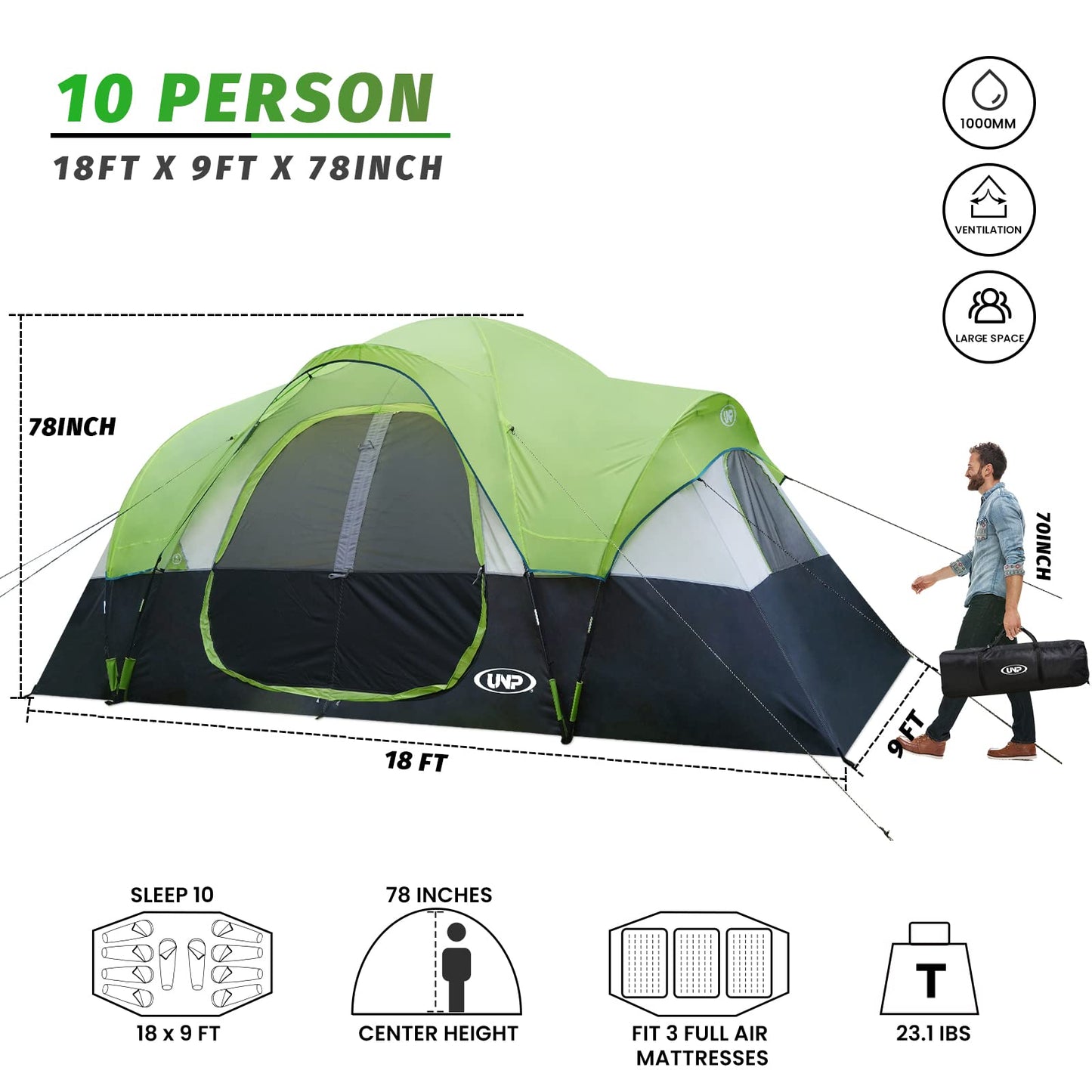 UNP Camping Tent 10-Person-Family Tents, Parties, Music Festival Tent, Big, Easy Up, 5 Large Mesh Windows, Double Layer, 2 Room, Waterproof, Weather Resistant, 18ft x 9ft x78in