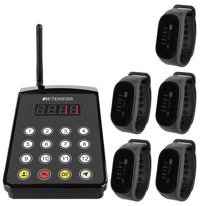 Retekess TD154 Restaurant Pagers for Servers,Waitress Pager System,1312ft,IPX7 Waterproof,3 Operating Modes,5 Watch Receivers for Hotel,Kitchen,Bar