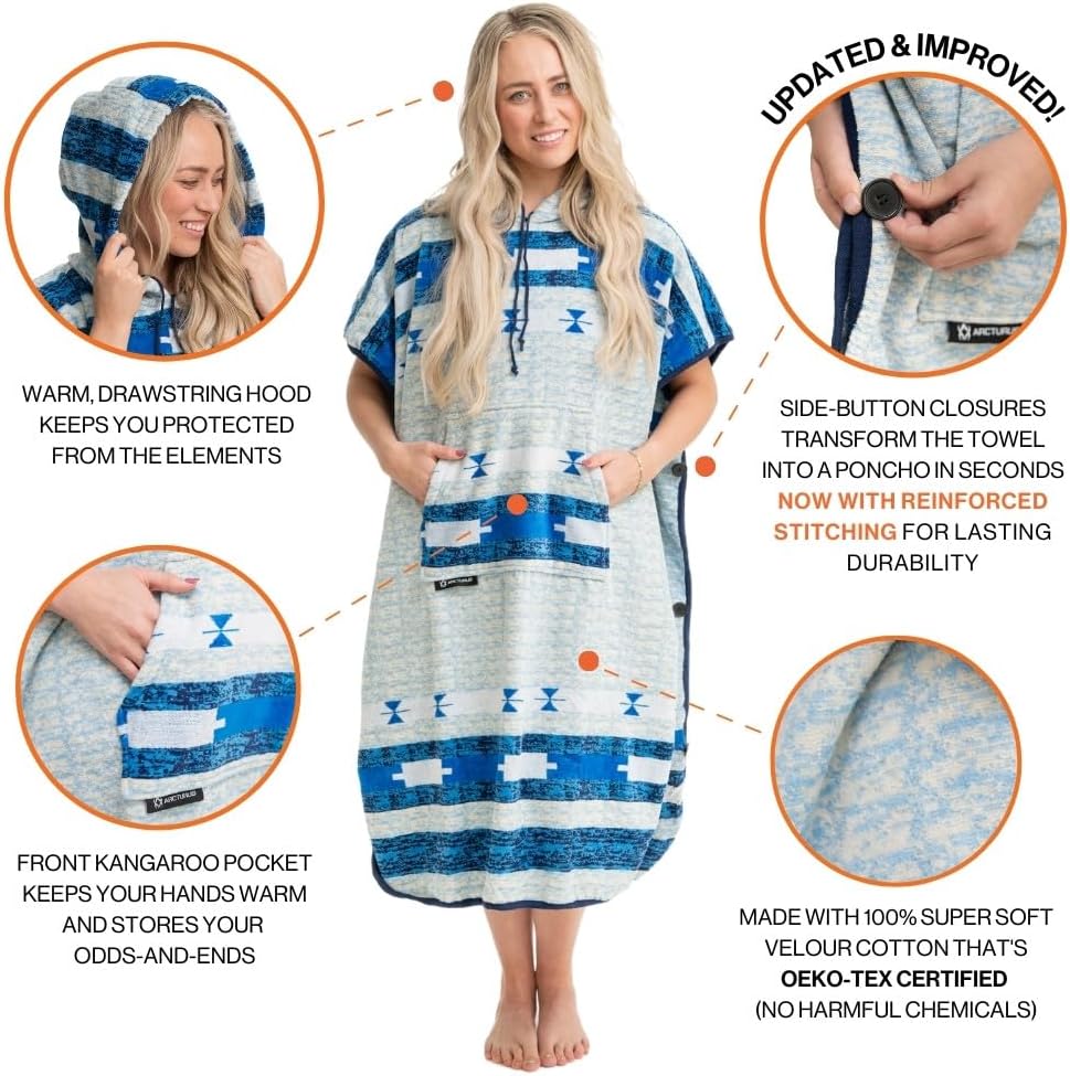 Arcturus Surf Poncho | Hooded Changing Towel & Cover-Up | 100% Cotton Velour | 2-in-1 Design Converts Your Poncho to a Beach Towel (Trestles, Adult)
