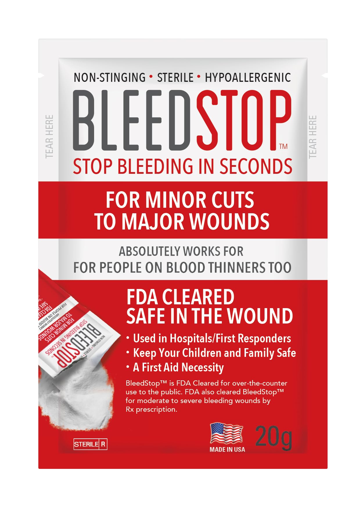 BleedStop™ First Aid Powder for Blood Clotting, Trauma Kit, Blood Thinner Patients, Camping Safety, and Survival Equipment for Moderate to Severe Bleeding Wounds or Nosebleeds - 4 (15g) Pouches