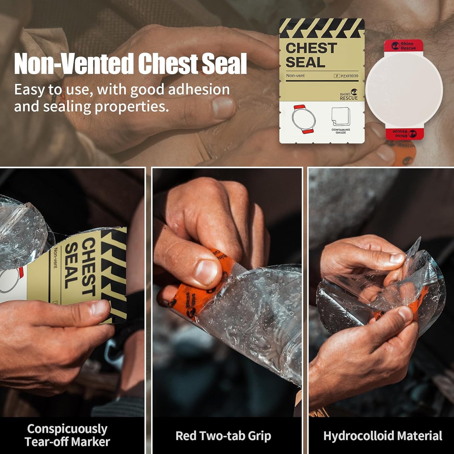 RHINO RESCUE Bundle-Non-Vented Chest Seal, IFAK Emergency Trauma Dressing+First Aid Splint 36" X 4.3" Orange-Gray