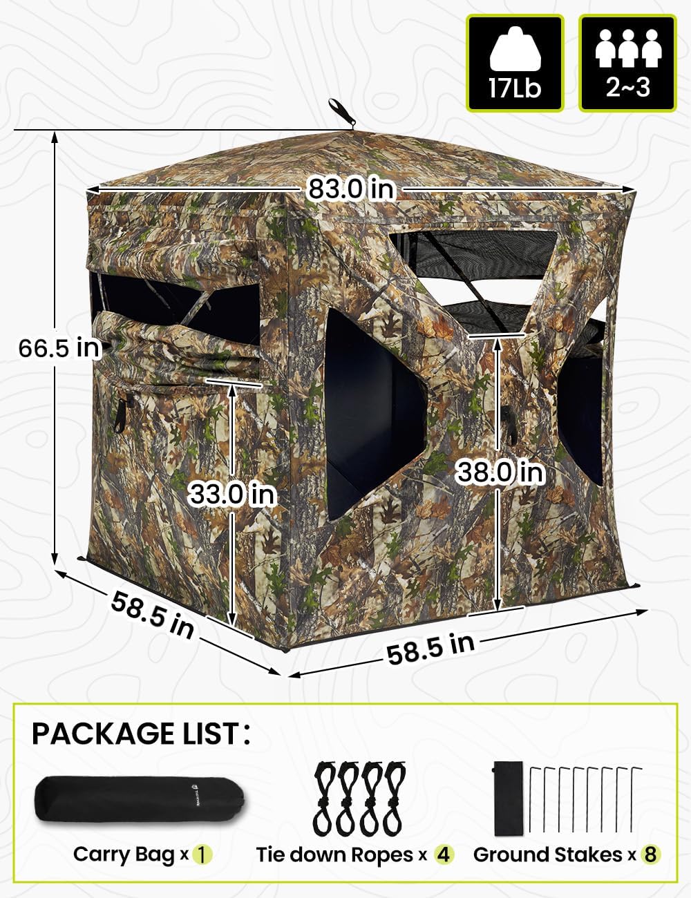 TIDEWE Hunting Blind 270°Full See Through with Windproof Curtain, Silent Magnetic Door & Sliding Windows, 2-3 Person Pop Up Ground Blind with Carrying Bag, 300D Portable Tent