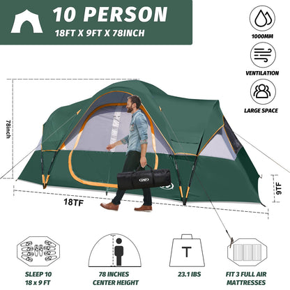 UNP Camping Tent 10-Person-Family Tents, Parties, Music Festival Tent, Big, Easy Up, 5 Large Mesh Windows, Double Layer, 2 Room, Waterproof, Weather Resistant, 18ft x 9ft x78in
