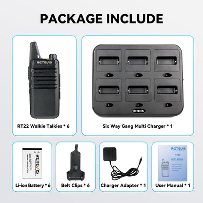 Retevis RT22 Walkie Talkies Rechargeable Hands Free 2 Way Radios Two-Way Radio(6 Pack) with 6 Way Multi Gang Charger