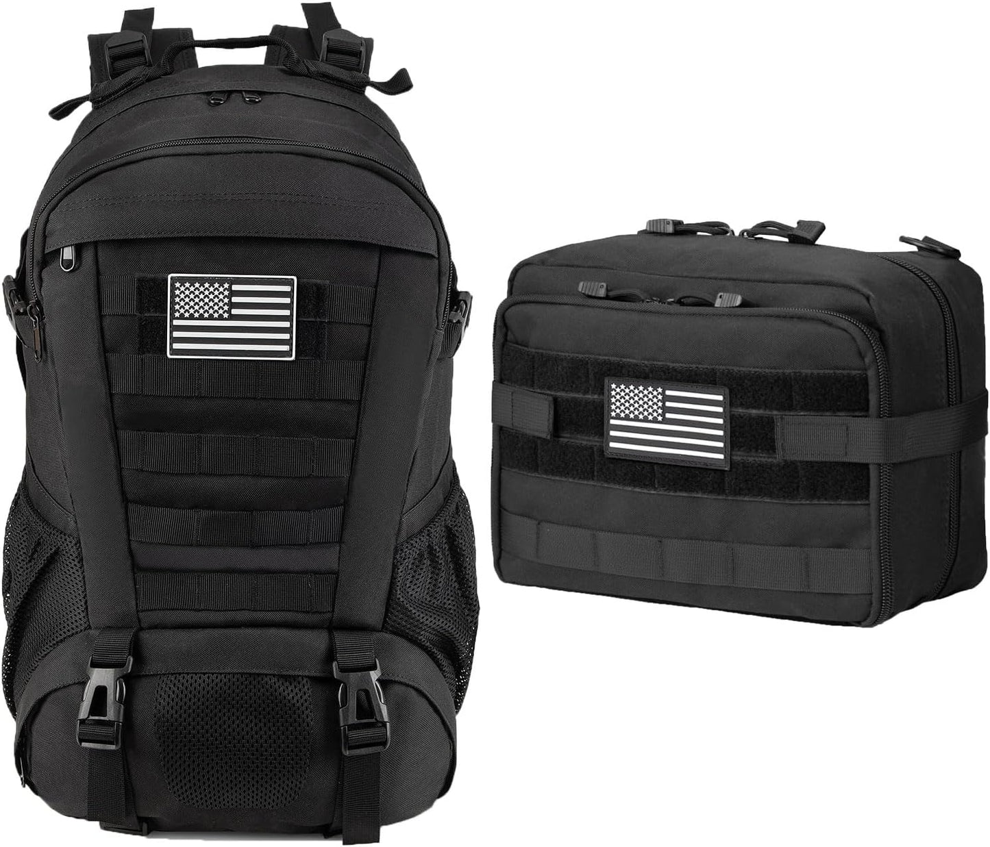 Jueachy Tactical Backpack(Black)+Tactical Molle Pouch Admin Bag(Black)