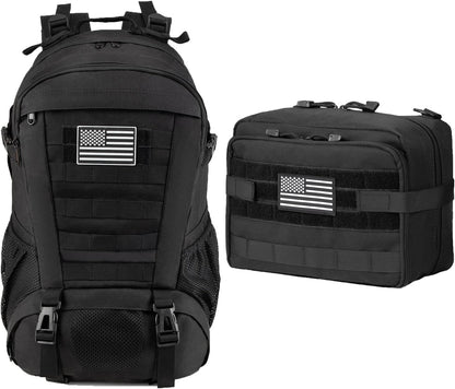 Jueachy Tactical Backpack(Black)+Tactical Molle Pouch Admin Bag(Black)