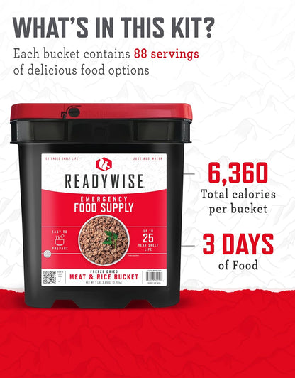 14 Day ReadyWise Emergency Food Supply - 14 Day, 150 Servings Emergency Freeze Dried Food Bucket, Protein Meals, Camping Essentials, Survival Kit, Disaster Prepping Supplies, 25 Year Shelf Life + ReadyWise Emergency Food Supply-88 Servings Meat & Rice…