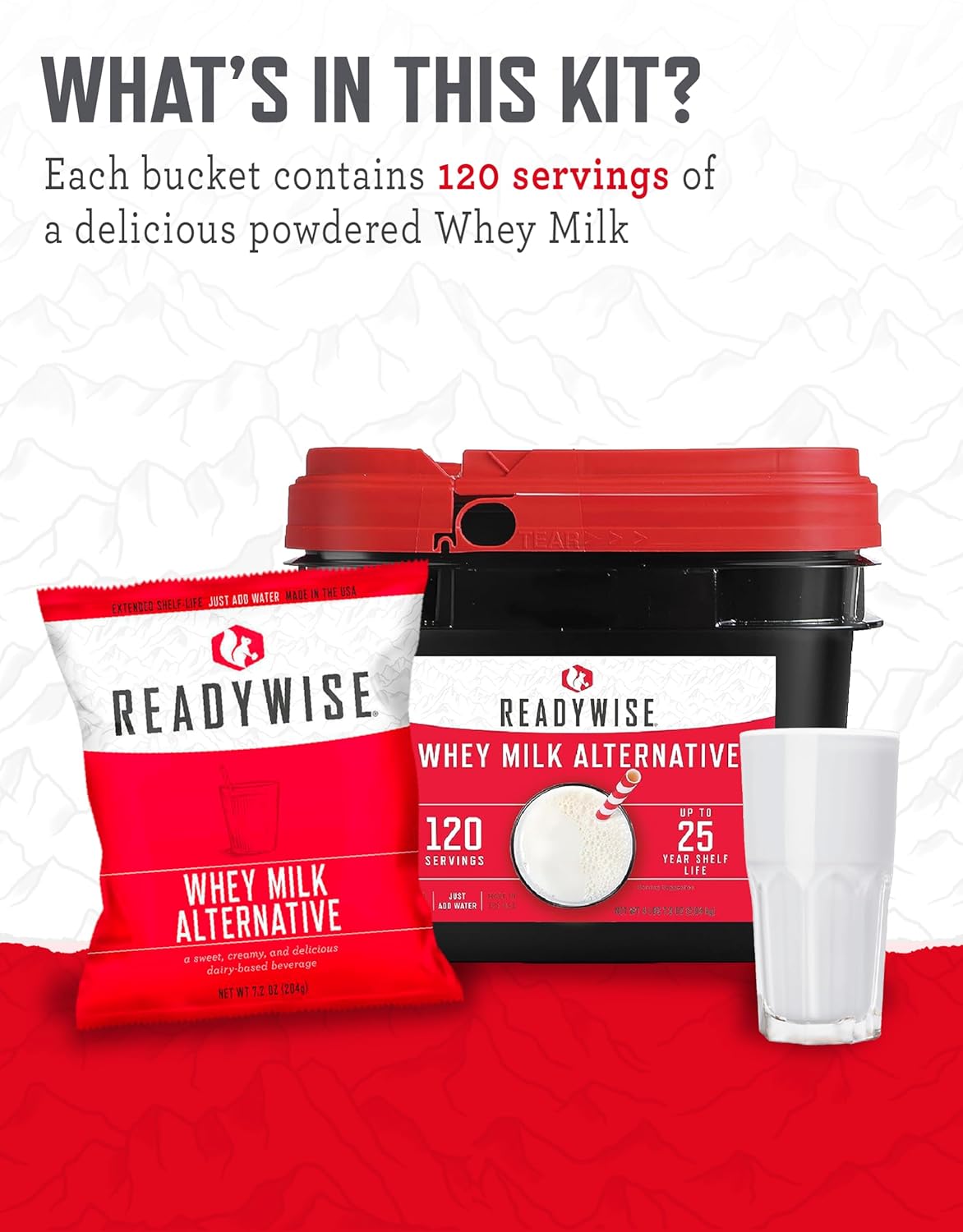 ReadyWise Whey Powdered Milk Alternative - 120 Servings Bucket, Emergency Food Supply, Protein Camping Meals, Survival Kit & Camping Essentials, Bug Out Bag Supplies, up to 25 Year Shelf Stable Life