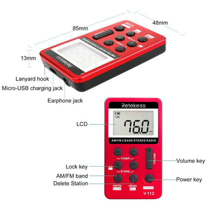 Retekess V112 AM FM Portable Pocket Radio, FM Receiver, Digital Tuning Stereo, with Headphones, Rechargeable Battery, for Walking, Jogging, Training, Church (Red)