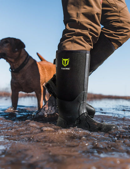 TIDEWE Work Boots Puncture-Proof with Steel Toe & Shank, Waterproof Anti Slip Rubber Boots for men, 6mm Neoprene Outdoor Boots, Durable Hunting Boots for Manufacturing, Construction, Farming(Black,Size 7-13)