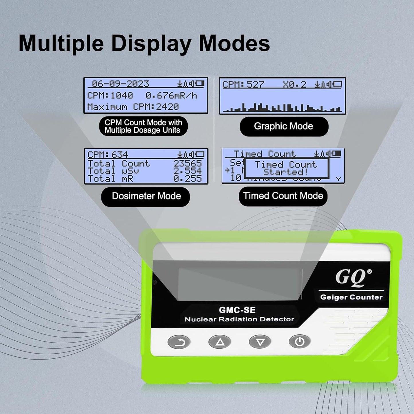 GQ GMC-SE Geiger Counter Radiation Detector Beta Gamma X-ray Portable Radiation Monitor Meter Digital Nuclear Radiation Dosimeter, Automatic Data Recording Device, Drop-Proof Silicone Case (Green)