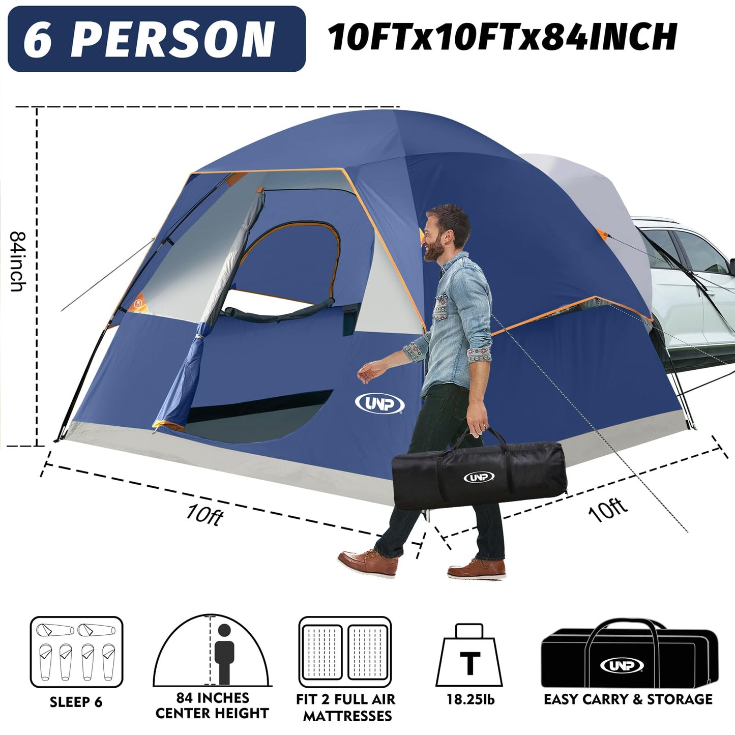 UNP SUV Dome Tent for Camping, Outdoor 6 Person Car Camping Tent, Easy Set Up SUV Tailgate Tent with Rainfly 10' x 10' Vehicle Camping Tent | for Camping, Outdoor, Car Camping Tent, Easy Set Up, SUV Tailgate Tent, with Rainfly