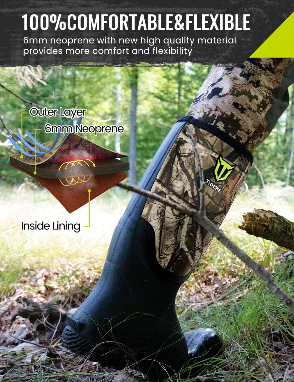 TIDEWE Rubber Boots for Men Multi-Season, Waterproof Rain Boots with Steel Shank, 6mm Neoprene Sturdy Rubber Outdoor Hunting Boots (Black, Brown, Next Camo G2)