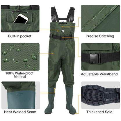 TIDEWE Bootfoot Chest Wader, 2-Ply Nylon/PVC Waterproof Fishing Hunting Waders with Boot Hanger for Men Women Green Brown