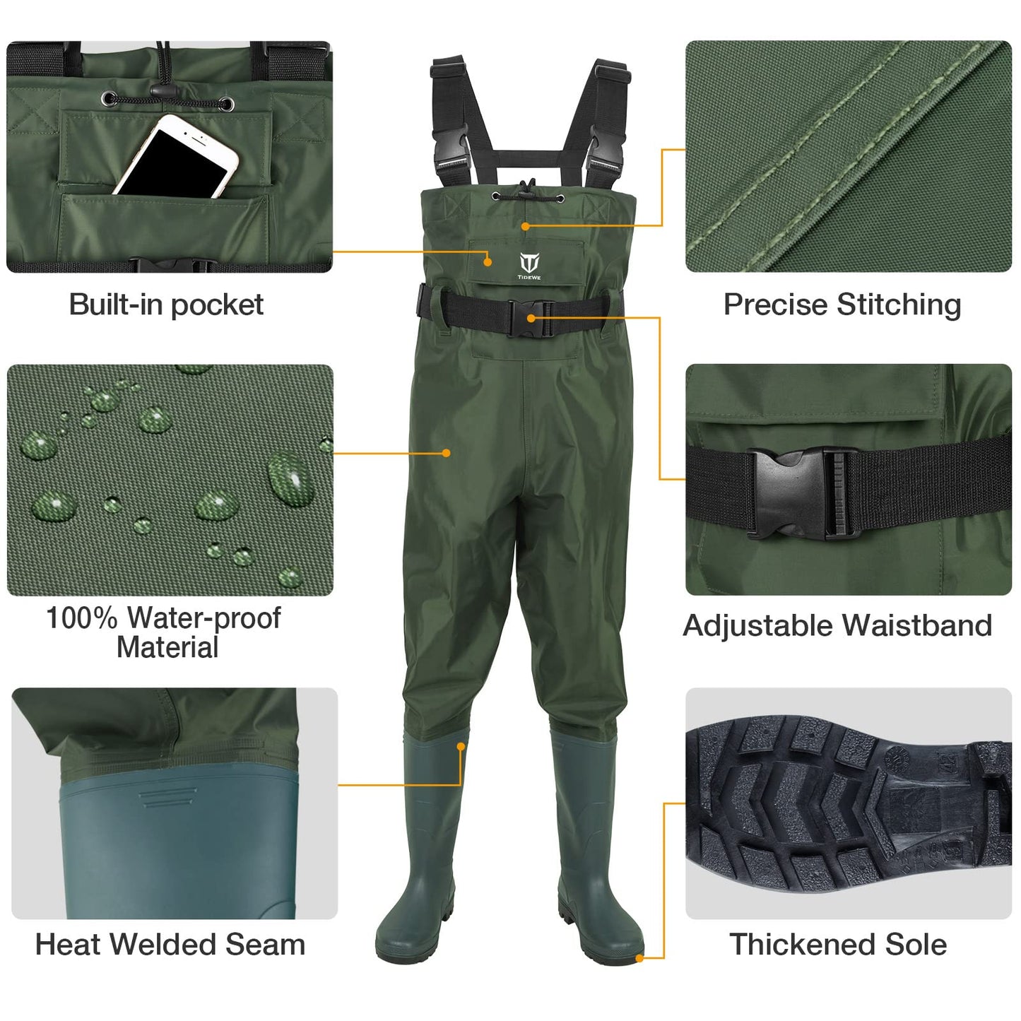 TIDEWE Bootfoot Chest Wader, 2-Ply Nylon/PVC Waterproof Fishing Hunting Waders with Boot Hanger for Men Women Green Brown