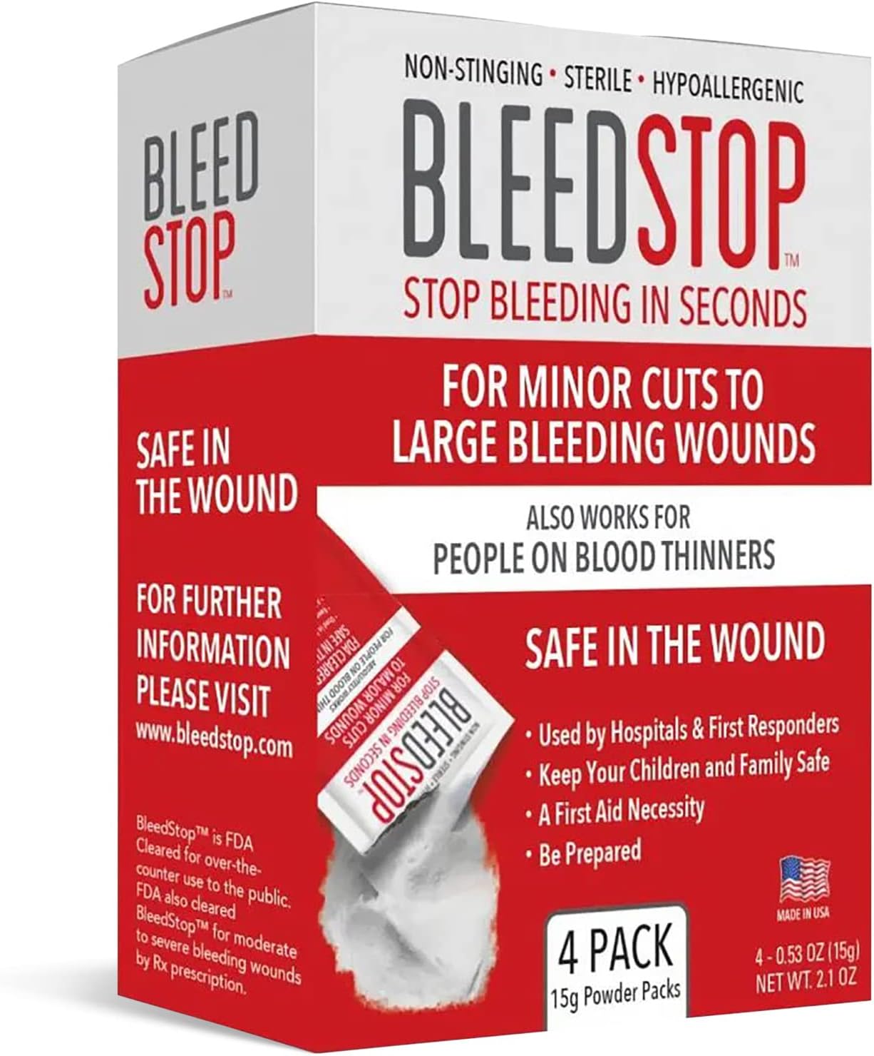BleedStop™ First Aid Powder for Blood Clotting (4x15g, Pouches) and BleedClot Pet First Aid (5 oz, 1 Pouch)