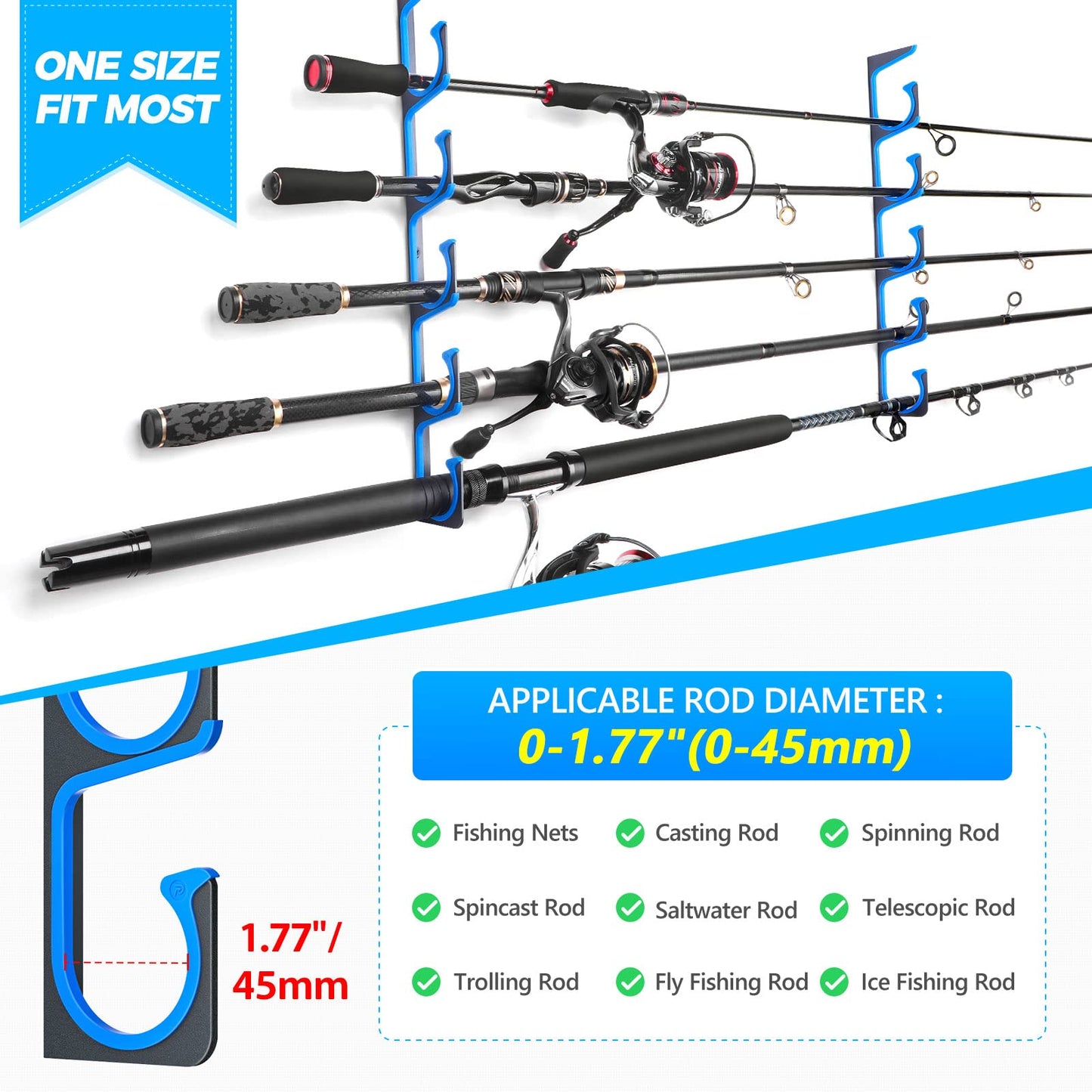 PLUSINNO H5 Horizontal Fishing Rod/Pole Holders for Garage, Wall or Ceiling Mounted Fishing Rod Rack, Aviation Aluminum Fishing Holder Holds up to 5/10/20 Rod or Combos Fishing Gear and Gifts for Men