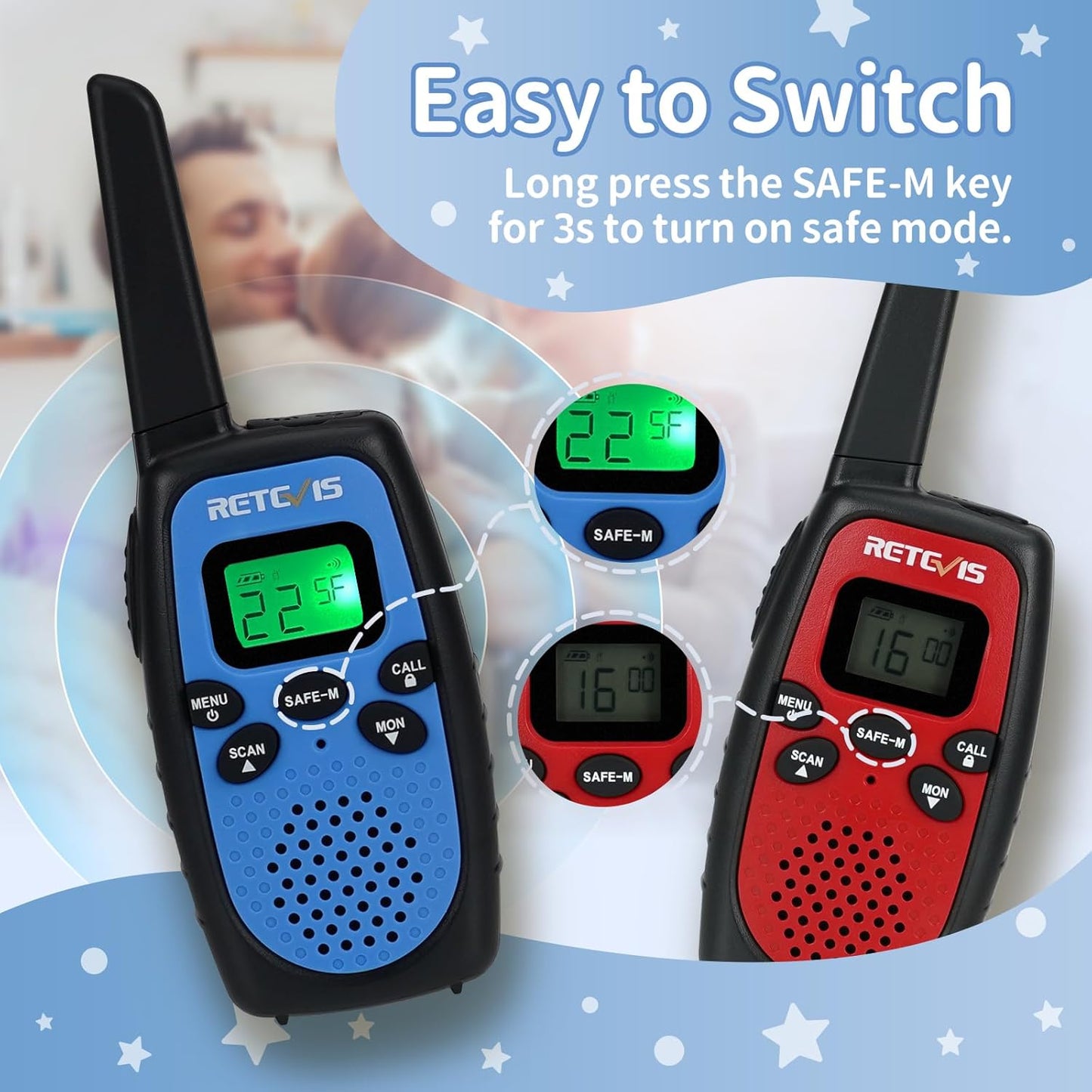 Retevis RT628S Walkie Talkies, RT628 2.0 Newer Version Portable FRS Two-Way Radios, Safe Mode, VOX Hands Free, Walkie Talkies for Adults Kids Camping Hiking Adventure (3 PCS)