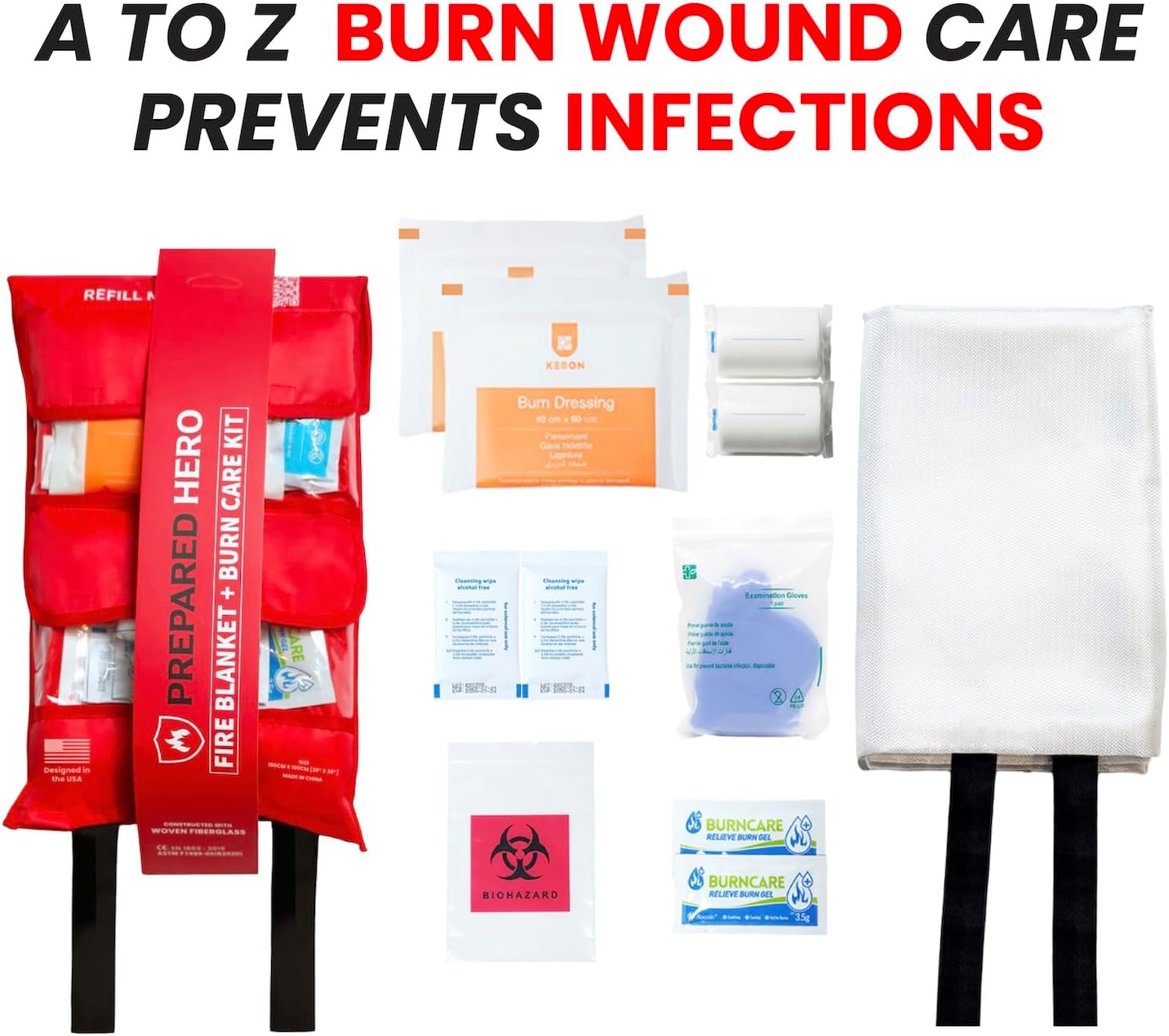 Fire Blanket Emergency Kit with Burn Gel First Aid Supplies - Prepared Hero 2-in-1 Kitchen Fire Suppression Blanket 1076°F & Complete Burn Treatment Kit - Home, RV, Camping Safety - CE Certified