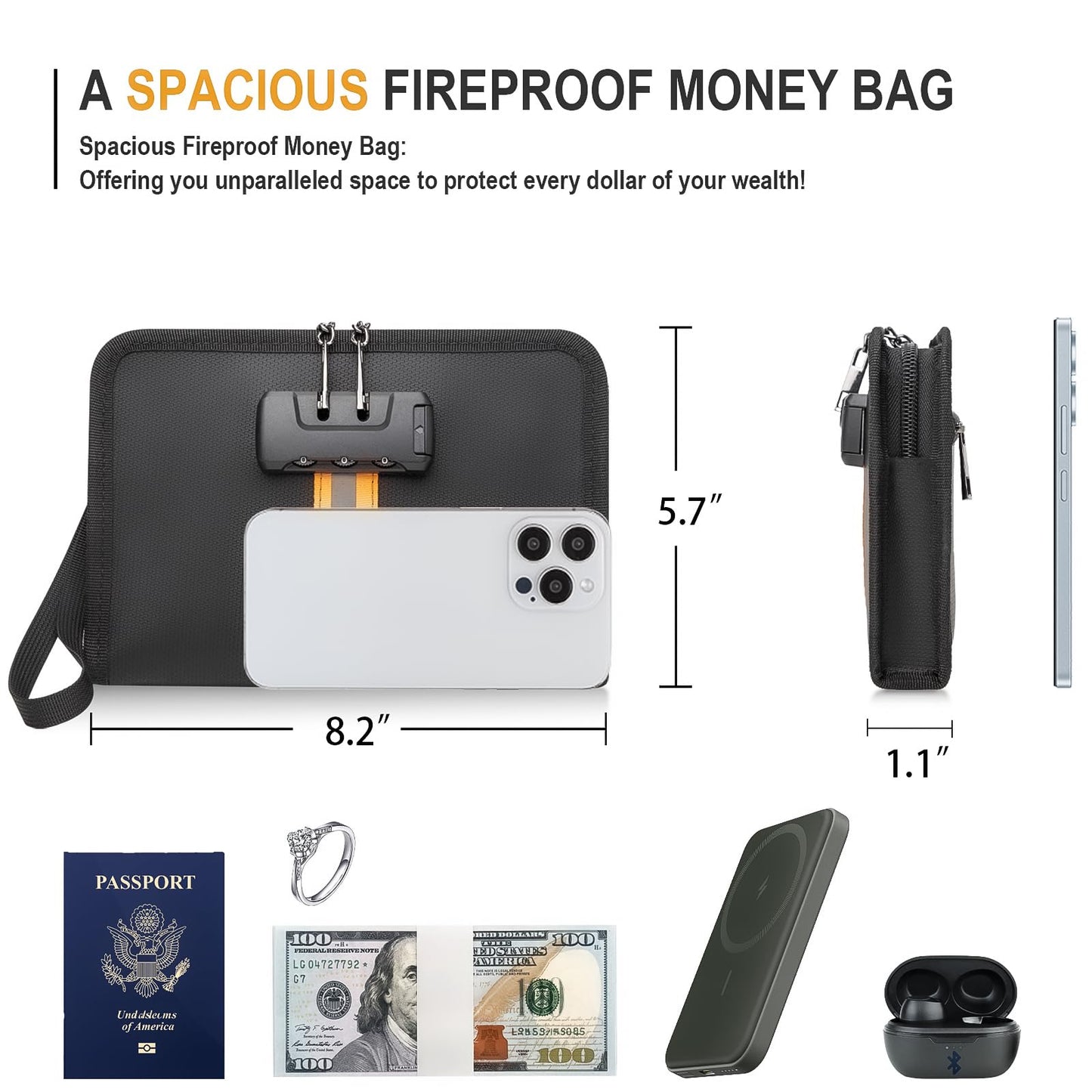 Fireproof Money Bag,Money Bag with Lock and Zipper,Safe Fireproof Waterproof,Suitable for Cash, Mobile Phones, Keys, Credit Cards