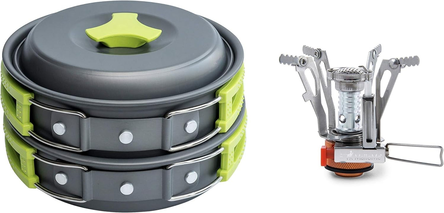 MalloMe Camping Cookware Mess Kit with Backpack Stove - Camping Cooking Set - Camping Pot and Pans Backpacking Gear- Hiking Stove/Backpacking Stove - Camp Accessories Equipment