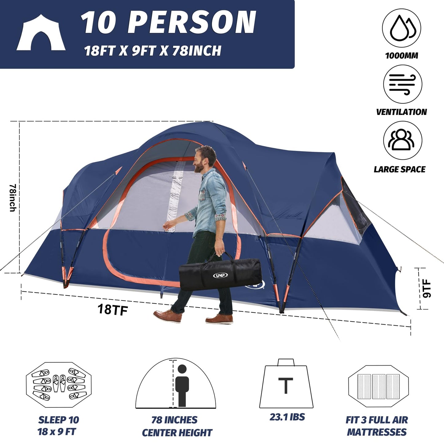 UNP Camping Tent 10-Person-Family Tents, Parties, Music Festival Tent, Big, Easy Up, 5 Large Mesh Windows, Double Layer, 2 Room, Waterproof, Weather Resistant, 18ft x 9ft x78in