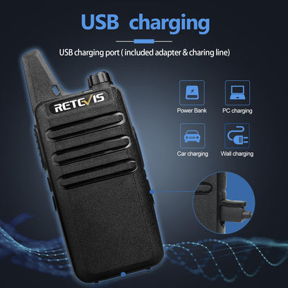 Retevis RT22 Walkie Talkies, Mini 2 Way Radio Rechargeable, VOX Handsfree, Portable, Two-Way Radios Long Range with Earpiece, for Family Road Trip Camping Hiking Skiing(2 Pack, Black)