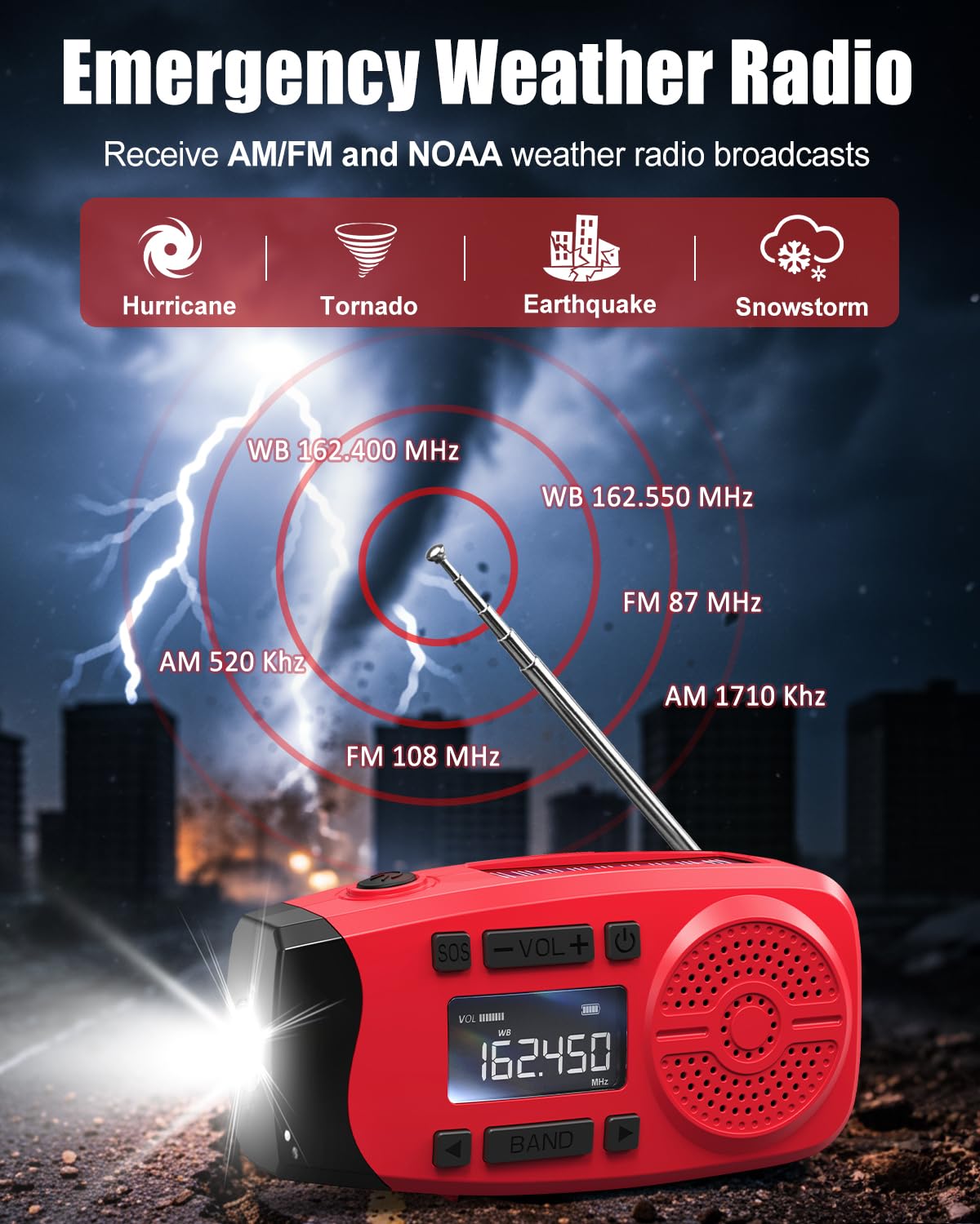 Runningsnail Emergency Weather Radio, 7400mWh Hand Crank Emergency Radio with LCD Display, Support Weather Alert Radio, USB/Solar/Hand Crank, 1W Flashlight & SOS Alarm for Outdoor & Home Emergency