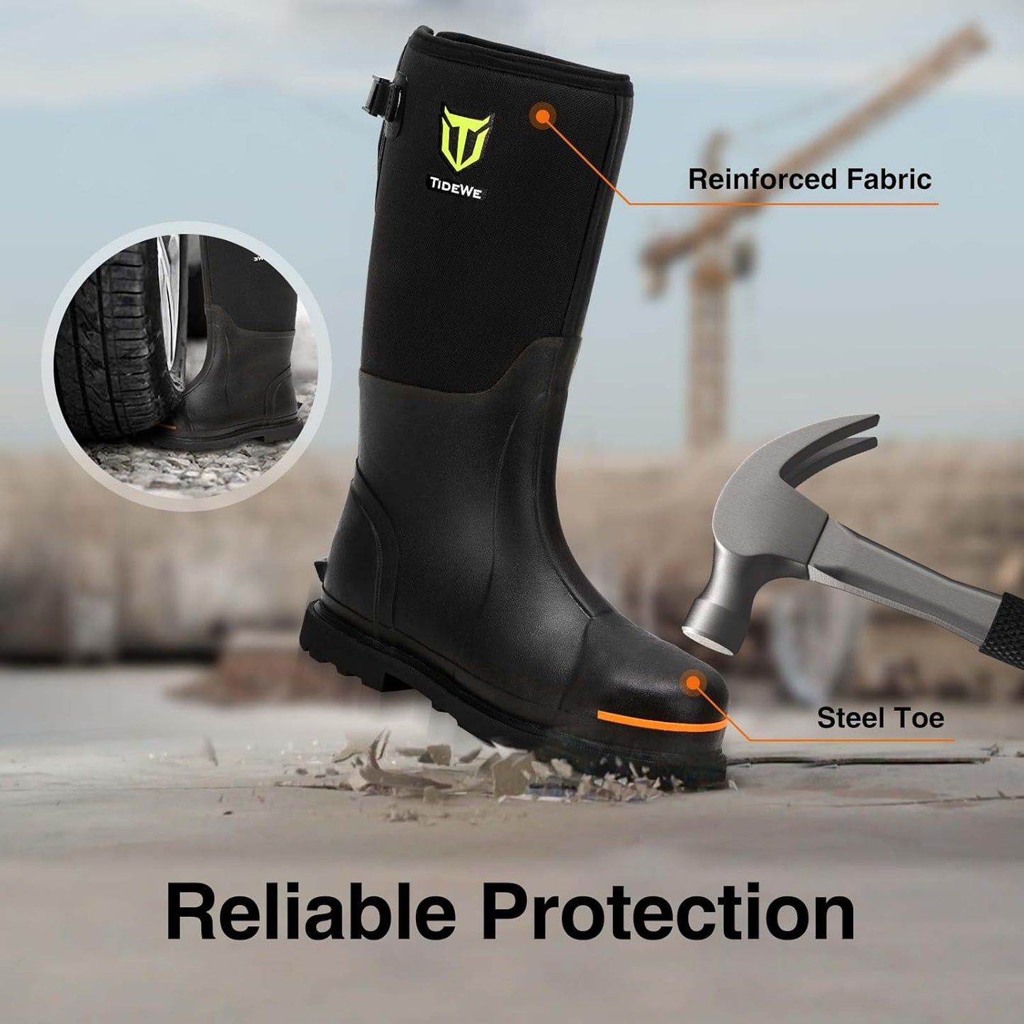 TIDEWE Rubber Work Boot for Men with Steel Toe & Shank, Waterproof Anti Slip Hunting Boot, 6mm Neoprene Hunting Boot for Manufacturing, Construction, Farming, Black,Brown, Size 7-13