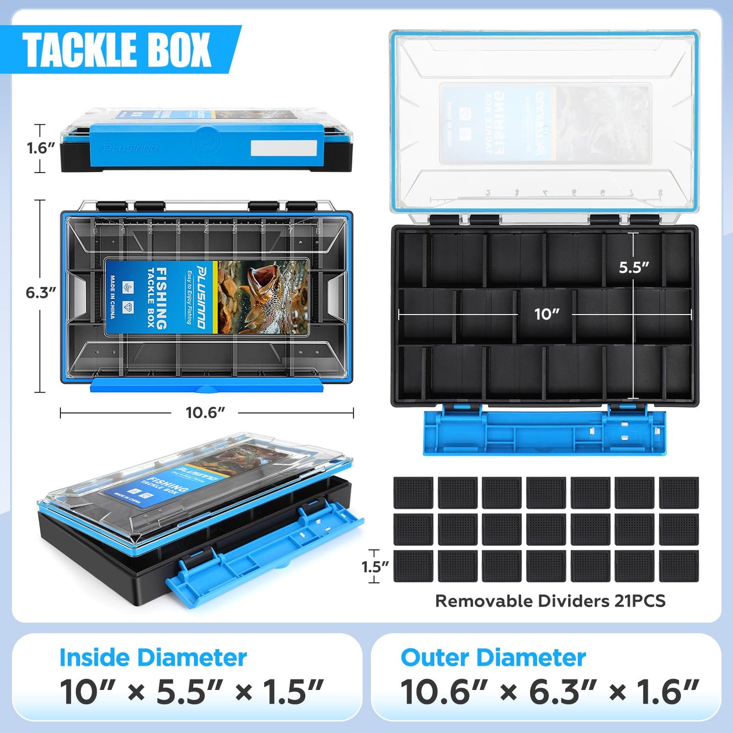 PLUSINNO Tackle Box Organizer, 1/2 Packs Waterproof Tackle Trays, Fishing Tackle Box with Removable Dividers, Fishing Box Tackle Trays and Terminal Tackle Storage