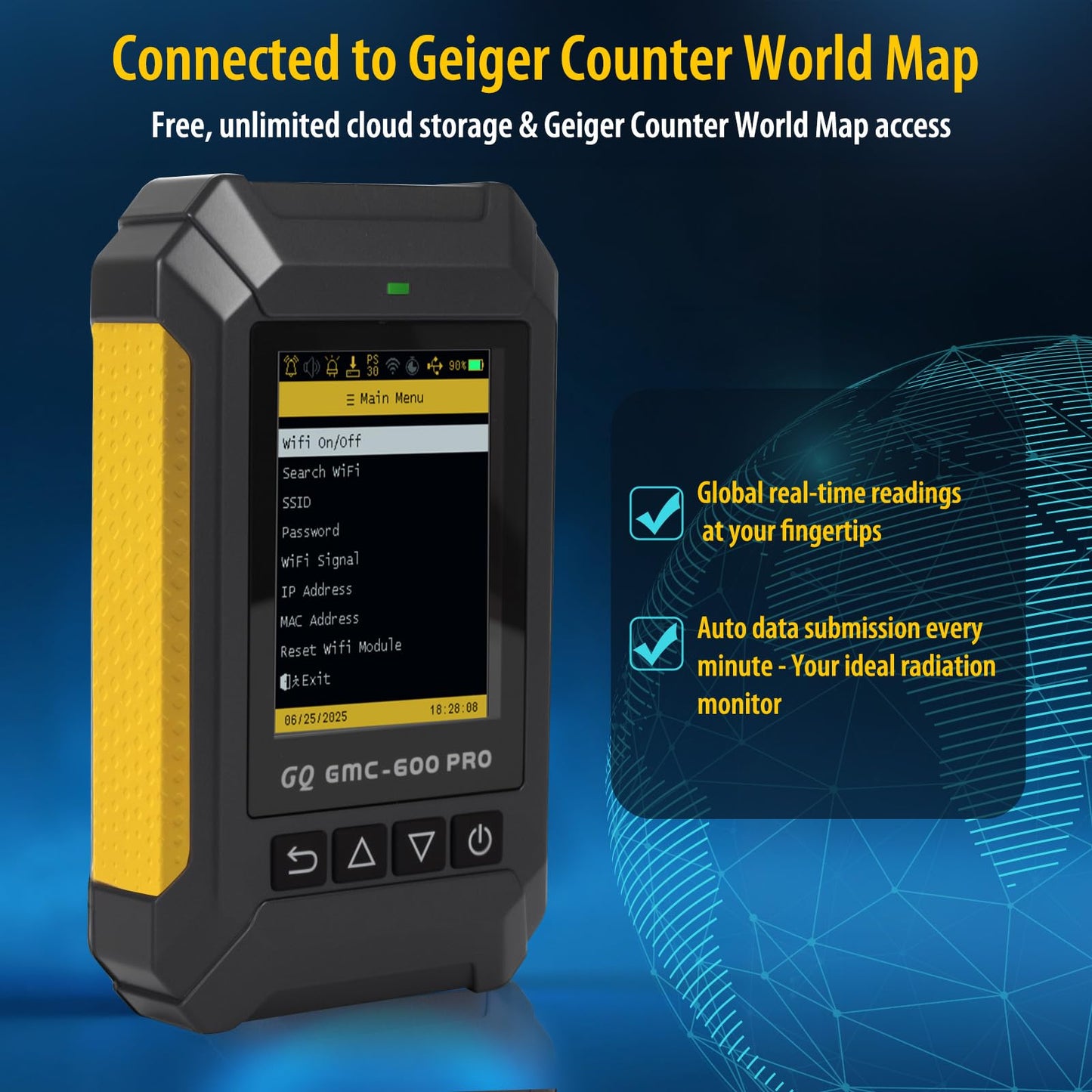 GQ 600 PRO Geiger Counter Nuclear Radiation Detector – Dosimeter for Alpha, Beta, Gamma, X-Ray – Portable Radiation Monitor with Real-Time Data, Global Data Sharing, LCD Display & USB