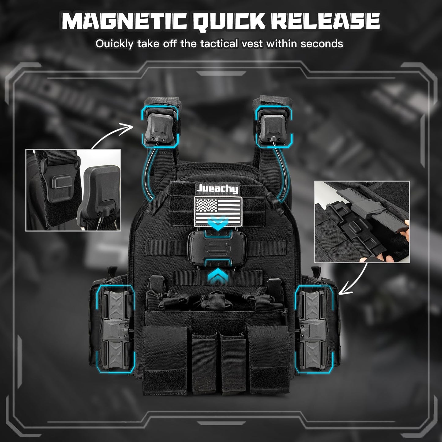 Jueachy Magnetic Tactical Vest for Men: Plate Carrier Vest Quick Release One-Button Disassembly Lightweight Vest