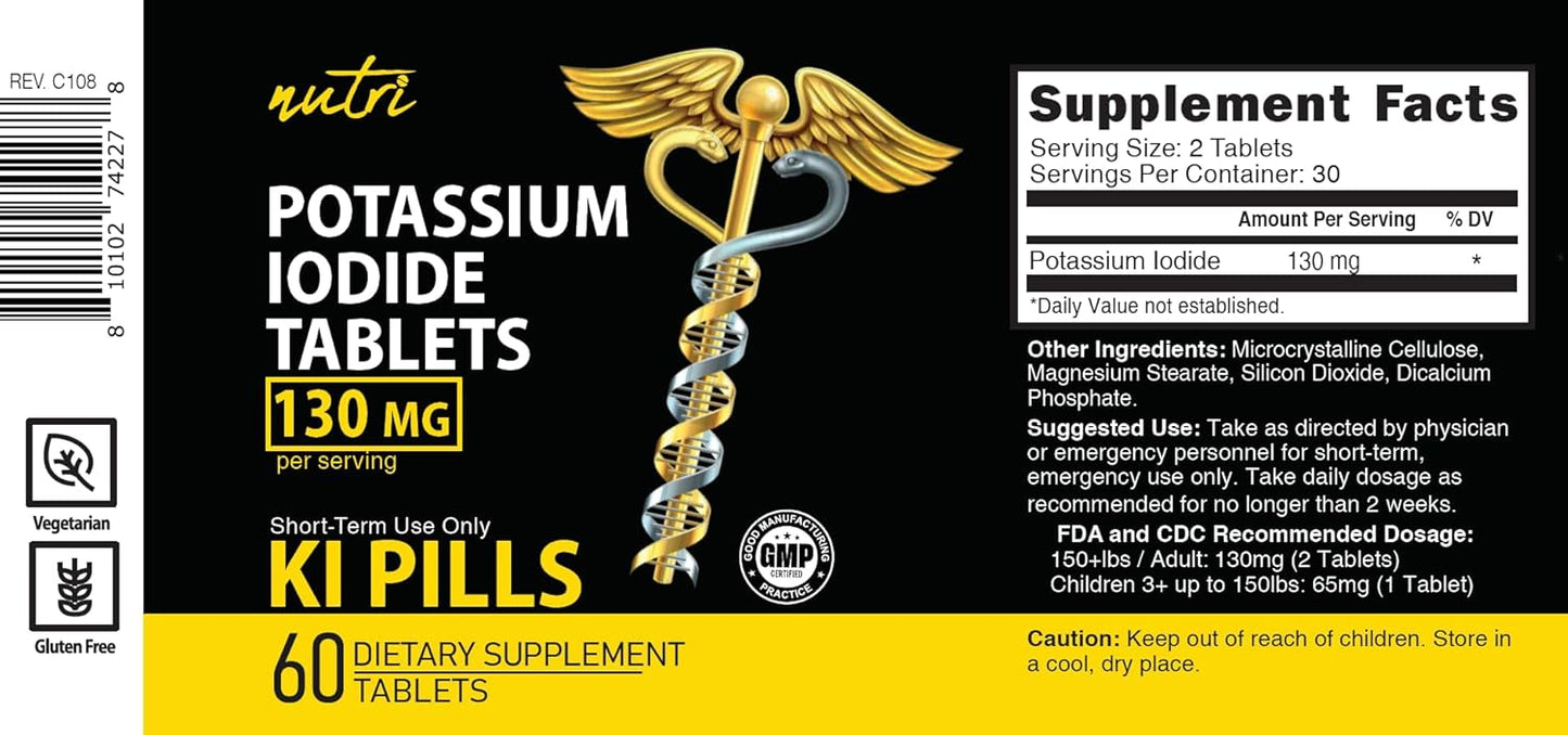 Potassium Iodide Tablets 130 mg - (60 Tablets) 10 Year Shelf-Life EXP 2034 to 2035 - Ki Pills - Yoduro de potasio - Nutri Supplements - 3rd Party Tested - NSF cGMP Certified Facility - Shelf Stable