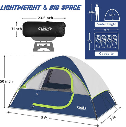 UNP 4 Person Camping Dome and Cabin Tent Easy Set Up, Waterproof with Top Rainfly for Outdoor Camping/Hiking