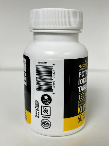 Potassium Iodide Tablets 130 mg - (60 Tablets) 10 Year Shelf-Life EXP 2034 to 2035 - Ki Pills - Yoduro de potasio - Nutri Supplements - 3rd Party Tested - NSF cGMP Certified Facility - Shelf Stable
