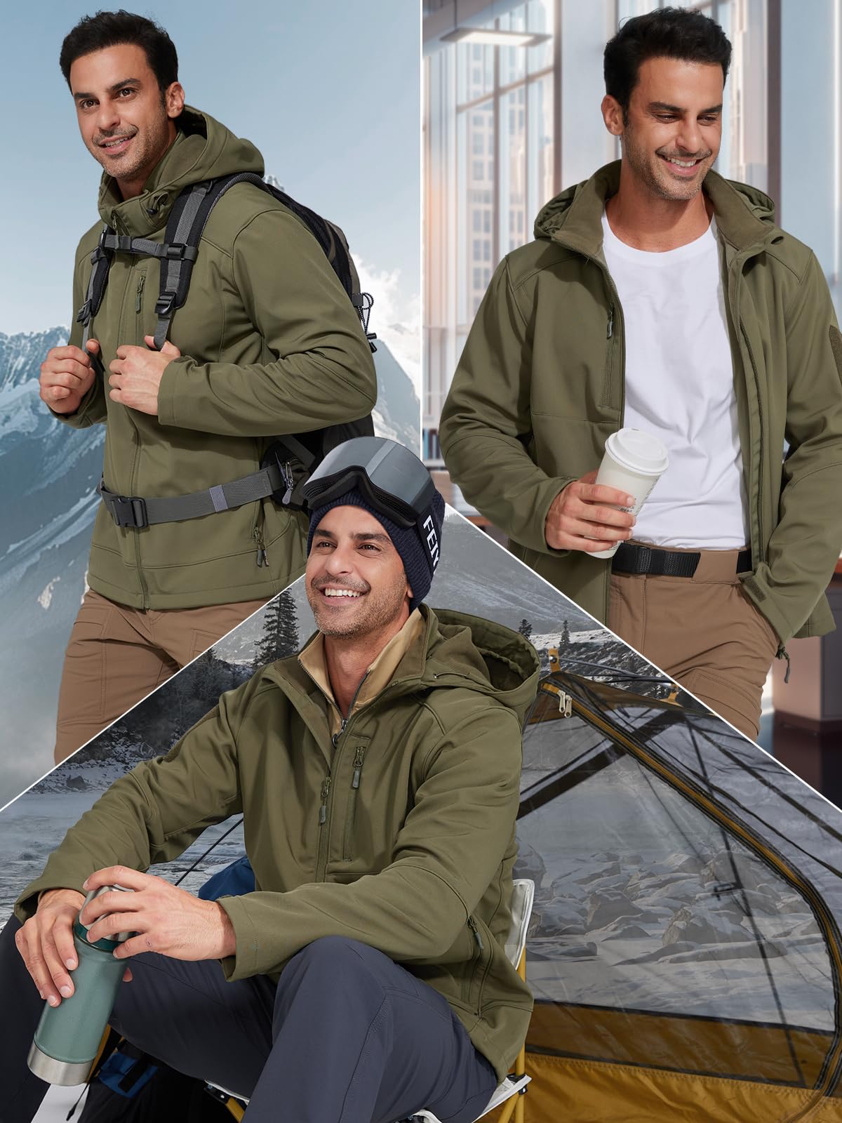 FREE SOLDIER Men's Lightweight Softshell Jacket Winter Fleece Lined Hooded Rain Waterproof Hiking Outdoor Jackets