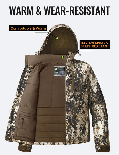 TIDEWE Heated Jacket for Men with Battery Pack, Insulation Waterproof Hunting Coat with Heater, Veil Camo, Size S-3XL