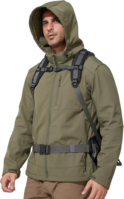 FREE SOLDIER Men's Lightweight Softshell Jacket Winter Fleece Lined Hooded Rain Waterproof Hiking Outdoor Jackets (Brown,L)