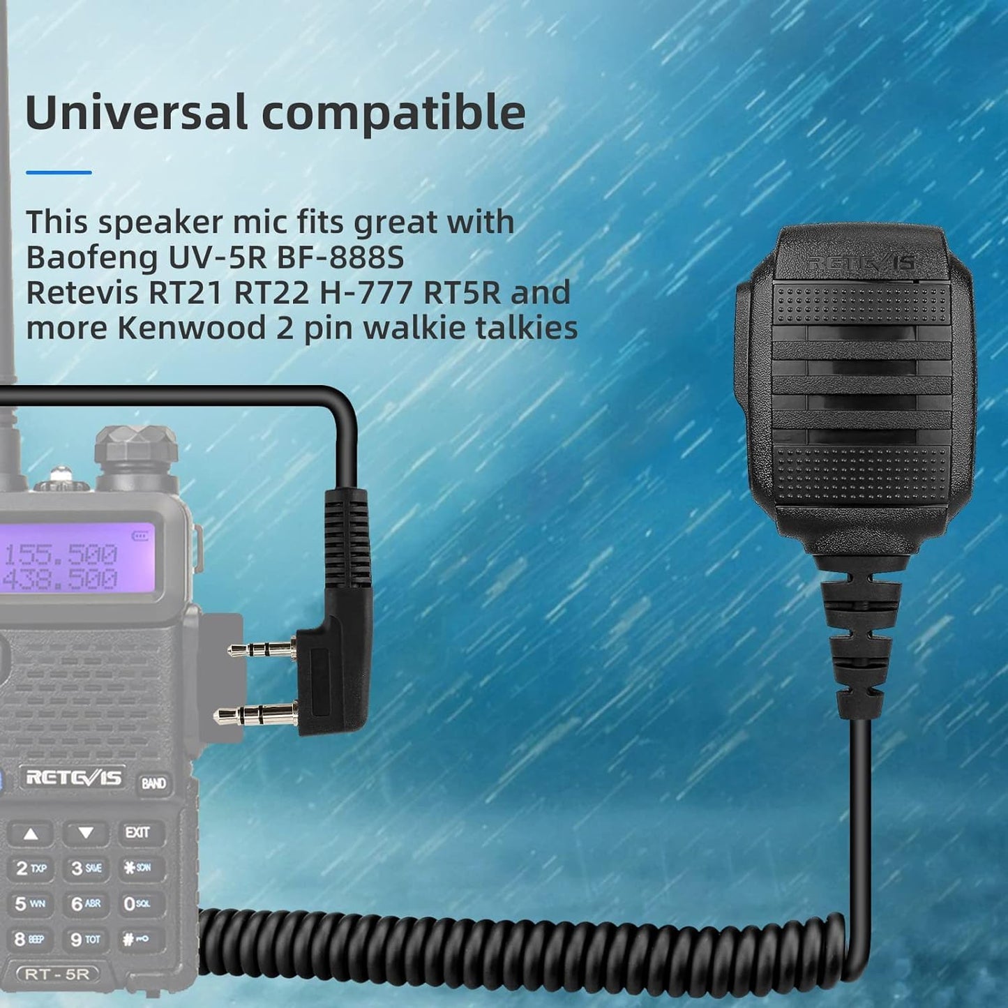 Retevis Walkie Talkie Speaker Mic,IP54 Waterproof 2 Pin Shoulder Speaker Mic,for RT22 RT68 RT27 H777 RB26 RB29,Compatible with BAOFENG UV-5R BF-F8HP PRO 5RM UV-21R K5PLUS Samcom Pxton Tidradio Radio