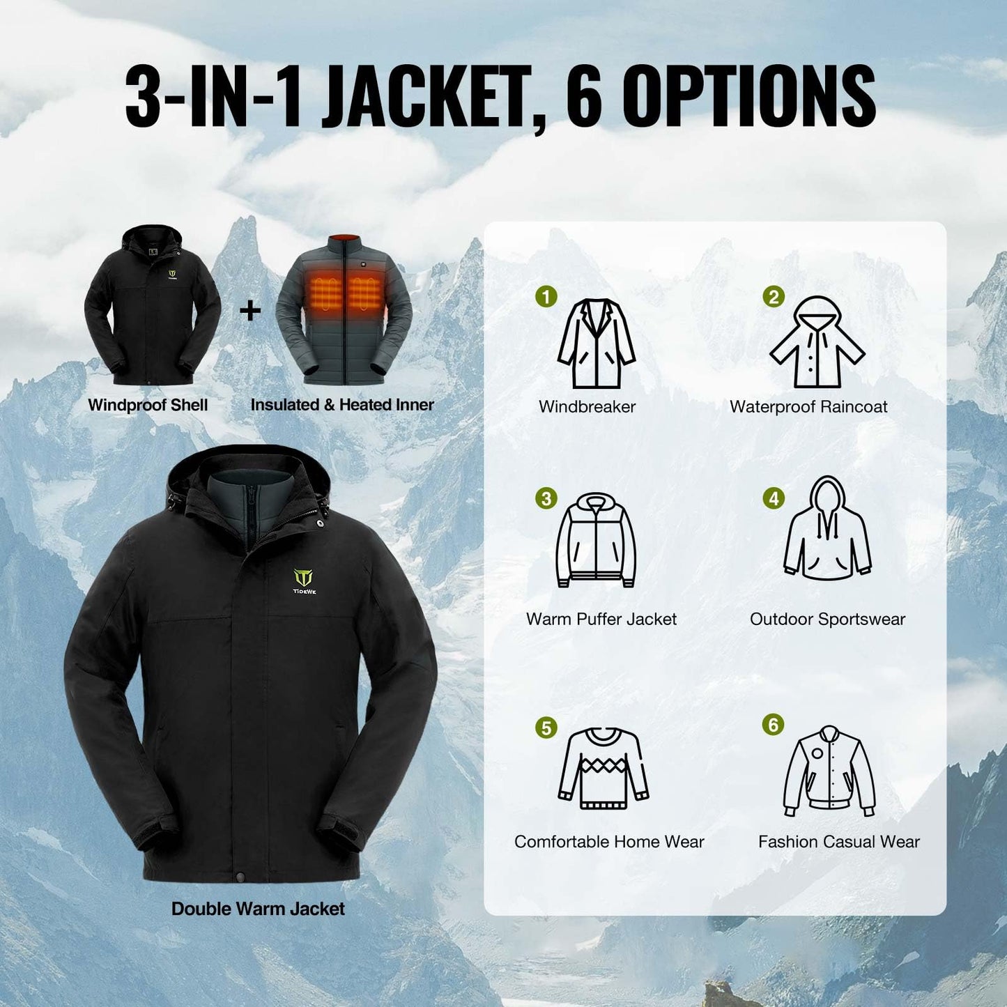 TIDEWE Men’s Heated Jacket 3-in-1 with Hood and Battery Pack, Heated Coat for Hunting, Skiing