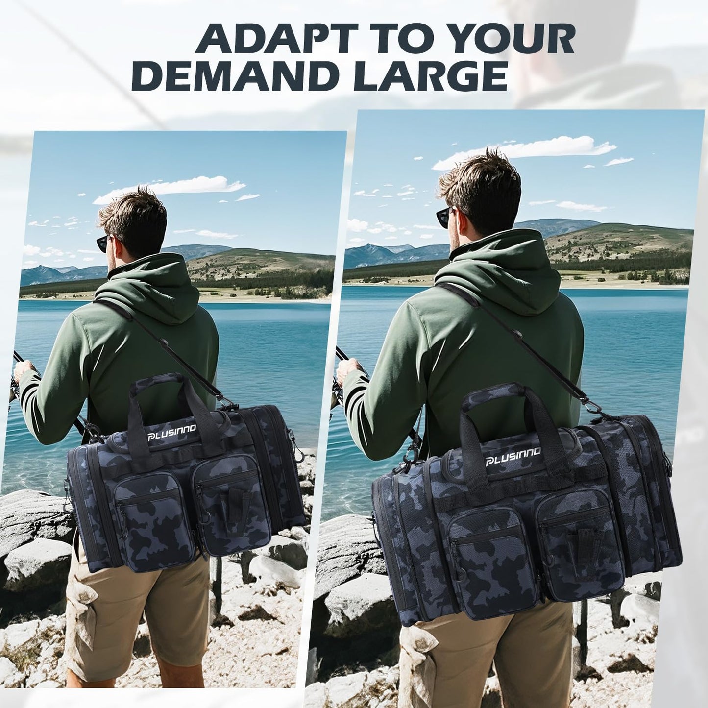 PLUSINNO Tackle Bag - Expandable Fishing Bag for Saltwater & Freshwater - Water Resistant Fishing Gear Shoulder Bag For Men, All-purpose Carrying Bags for Outdoors